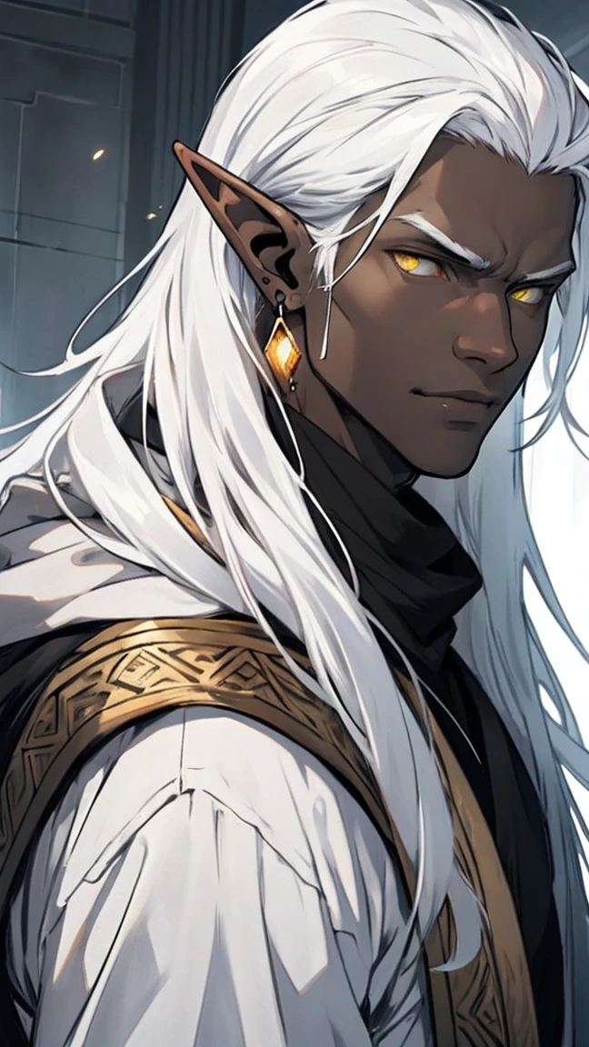  Man, tall, big, strong, black, elf, black, black skin, long hair, yellow eyes, elf, earring, emperor, domineering , Straight white hair, white hair, yellow eyes , black skin 