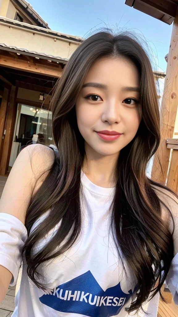 ((top quality, 4k, masterpiece :1.3)), (beautiful body:1.2), very detailed face, detailed eyes, double eyelid, smiling face, long hair, She is one, (open shoulder t-shirt), (Korean ski resort:1.4), (Cute T-shirt:1.4)