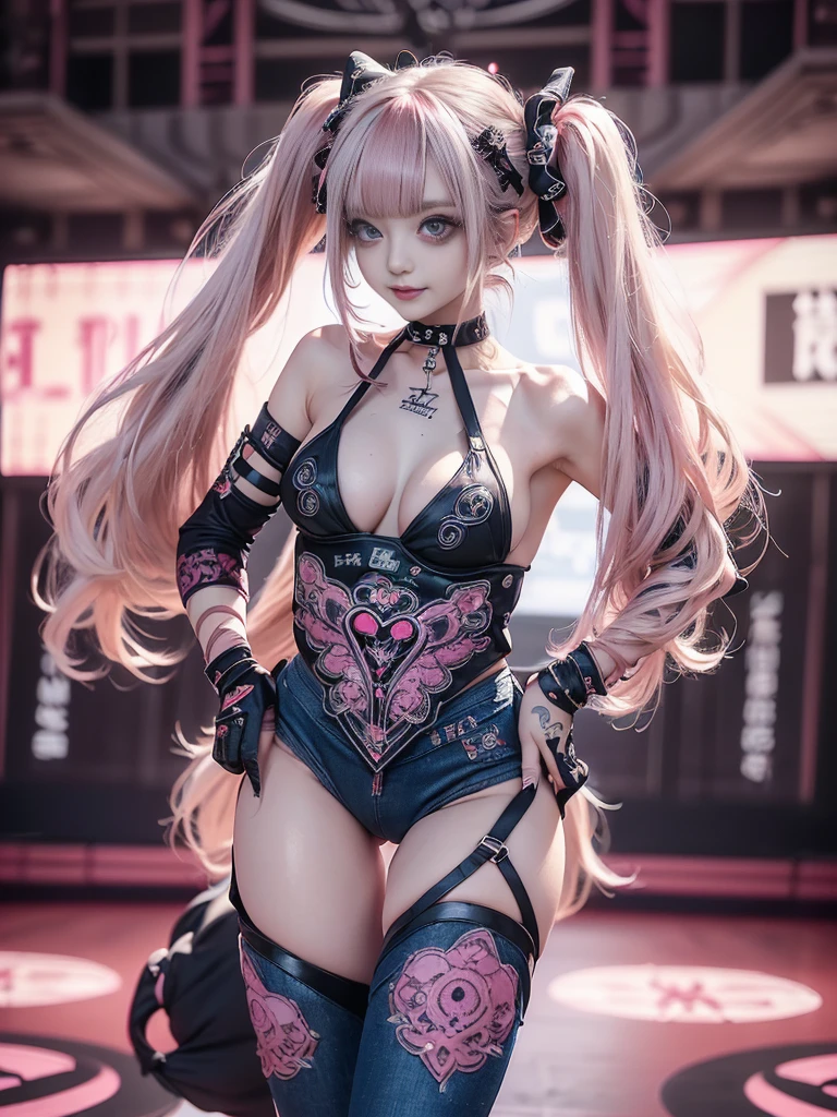 (Full Body View:1.2)、(Side view:1.1)、(Smiling with teeth showing:1.3),(Shibuya Gal:1.5)、(Gothic ta style fashion:1.5)、(Punk RockVisual Kei:1.5)、(Wearing a rhythmic gymnastics bodysuit with intricate details:1.4)、(Racing suit and pants with intricate decorations in magenta, denim and wine red:1.5)、(Red, brown and white boots:1.3)、((belt))、(Numerous delicate logo marks all over the costume:1.4)、(collar:1.3)、(Striped underwear:1.5)、20-year-old、NSFW、((Highest quality、In 8K、masterpiece:1.3))、Sharp focus:1.2、(Layered Cut、Huge boobs:1.1),Beautiful woman with perfect figure:1.4、(Dancing vigorously:1.3)、Slender Abs:1.2、Highly detailed face and skin texture、Detailed eyes、double eyelid,(Twin tails:1.3)、(Pink and cream hair:1.3)、Gravure idol、(The background is the stage of the fashion show:1.3)、(Slim body:1.3),(Make your legs thinner:1.4),(clavicle:1.1)、(Thin and slim thighs:1.3)