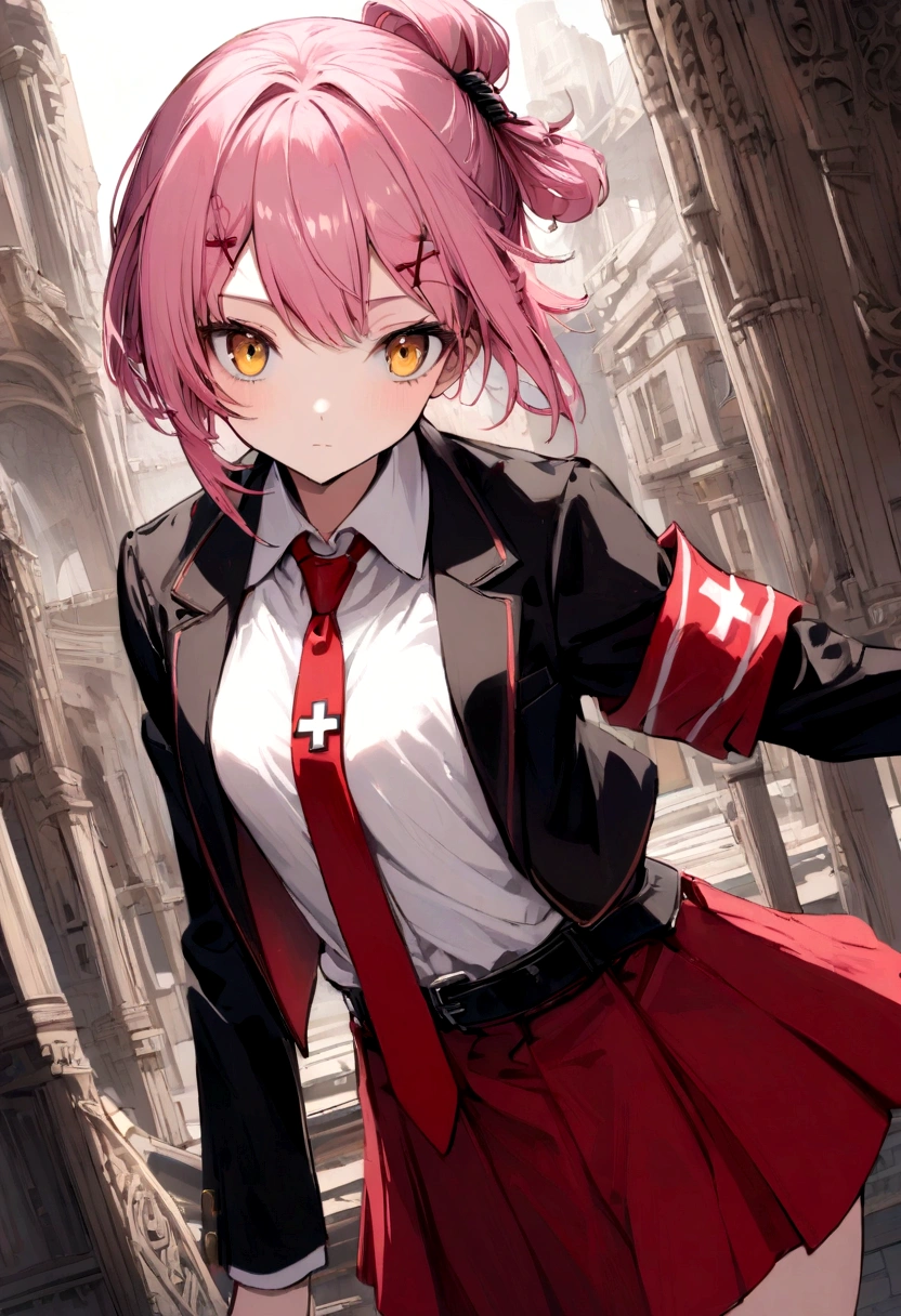 Pink hair girl, short hair, hair tied up on one side ,with red cross ornament in hair, wearing white shirt and black blazer and red skirt and red tie, with red armband,black belt, dark yellow eyes