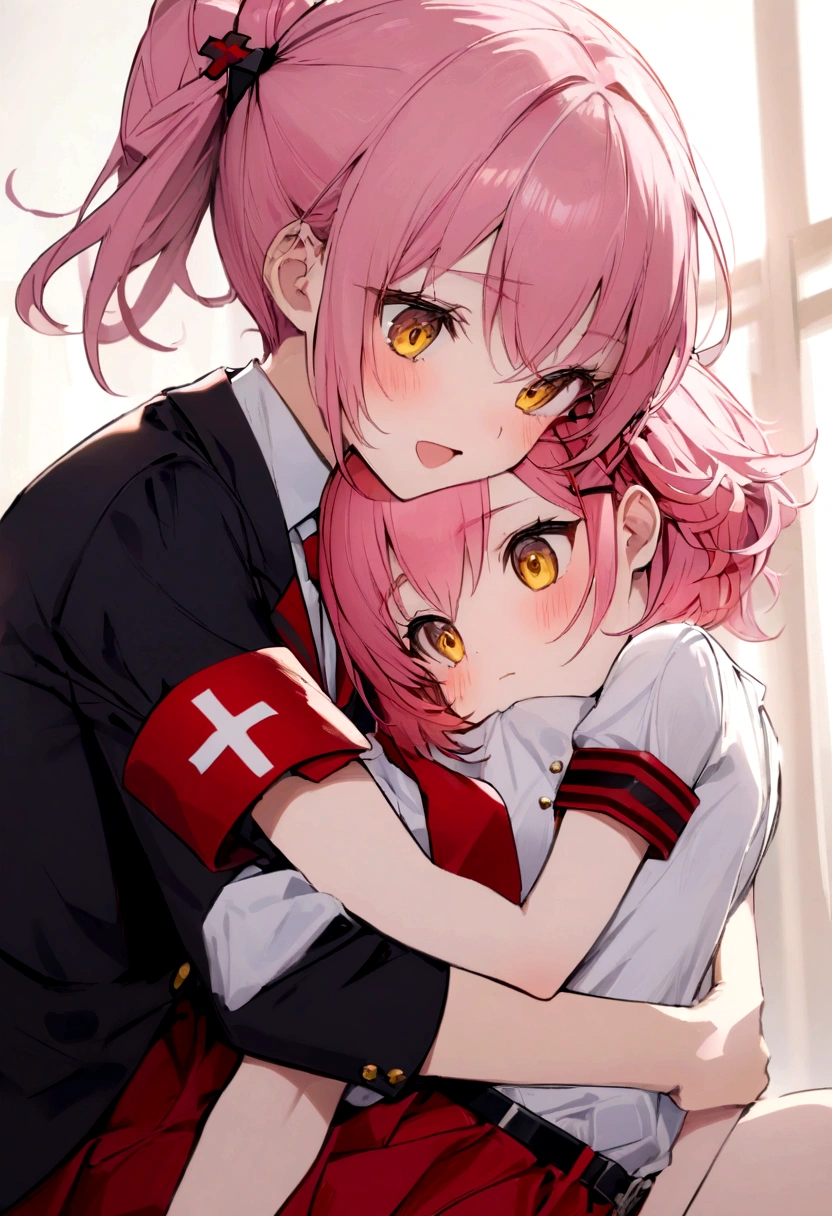 Pink hair girl, short hair, hair tied up on one side ,with red cross ornament in hair, wearing white shirt and black blazer and red skirt and red tie, with red armband,black belt, dark yellow eyes