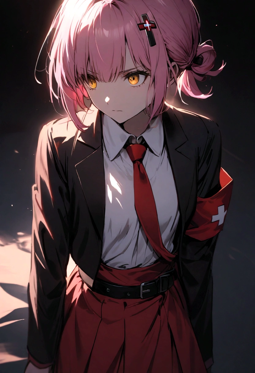 Pink hair girl, short hair, hair tied up on one side ,with red cross ornament in hair, wearing white shirt and black blazer and red skirt and red tie, with red armband,black belt, dark yellow eyes