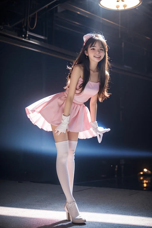 best quality, masterpiece, 1girl, solo, Ferry, long hair, FerryBase, thighhighs, bare shoulders, jewelry, sleeveless, pink mini-dress, blue skirt, gloves, from below, hands on legs, smile, soft lighting, full body,