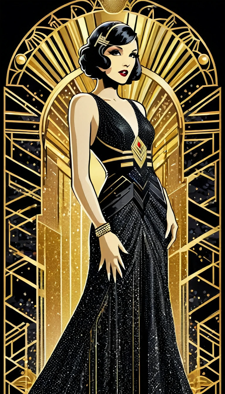 An Art Deco-inspired image of a woman in a sleek, geometric gown. The gown transitions from gold to black, adorned with bold, geometric patterns. Her hair is styled in a classic bob, and she wears Art Deco jewelry. The background features an elegant, Art Deco setting with intricate designs and bold lines, creating a sense of vintage glamour