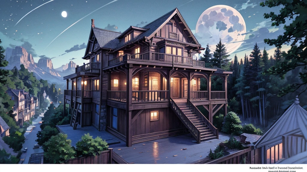 House with porch and porch on hill under full moon, Quiet wooden mansion, realistic fantasy render, Beautiful rendering, beautiful artist rendering, Luxury wooden cottage, House Background, Inspired by Terry Redlin, Unreal Engine ; Romantic Theme, Realistic fantasy illustration, Photorealistic Rendering, Background artwork, Night rendering, 8k high quality detailed art