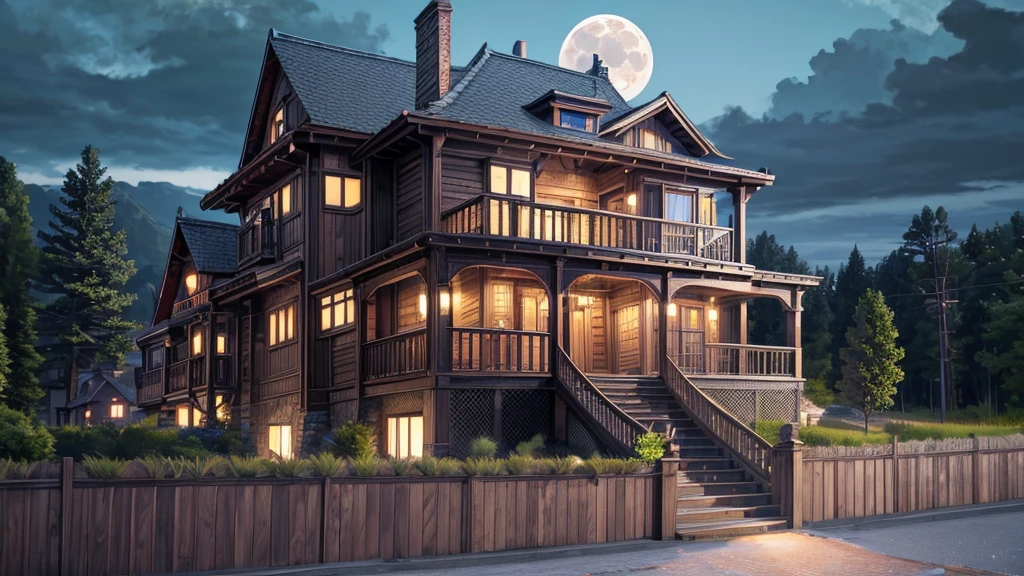 House with porch and porch on hill under full moon, Quiet wooden mansion, realistic fantasy render, Beautiful rendering, beautiful artist rendering, Luxury wooden cottage, House Background, Inspired by Terry Redlin, Unreal Engine ; Romantic Theme, Realistic fantasy illustration, Photorealistic Rendering, Background artwork, Night rendering, 8k high quality detailed art