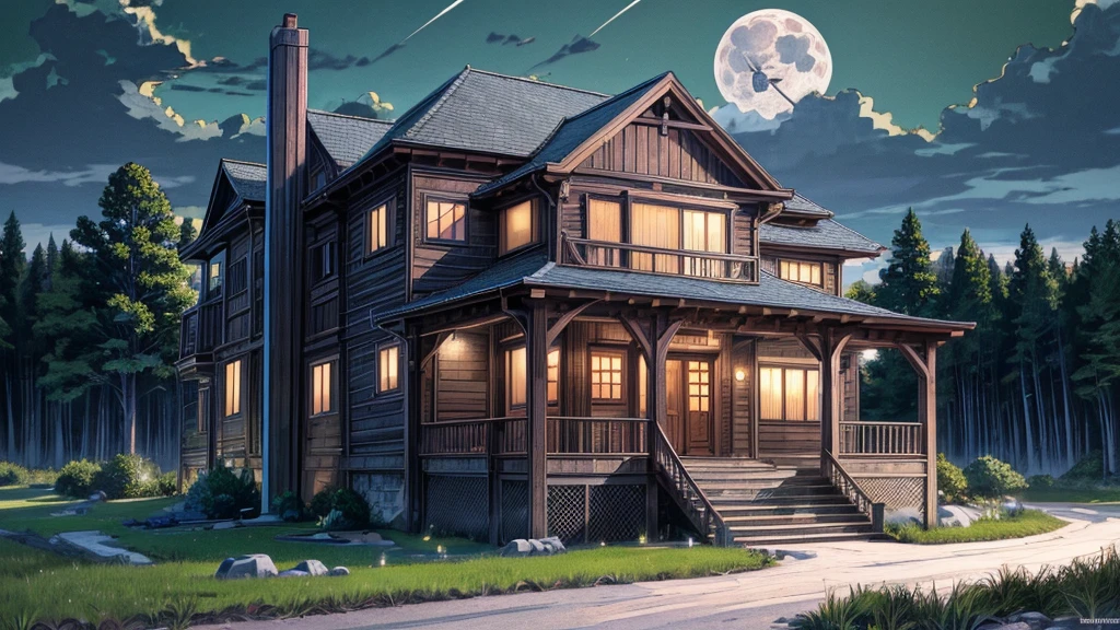 House with porch and porch on hill under full moon, Quiet wooden mansion, realistic fantasy render, Beautiful rendering, beautiful artist rendering, Luxury wooden cottage, House Background, Inspired by Terry Redlin, Unreal Engine ; Romantic Theme, Realistic fantasy illustration, Photorealistic Rendering, Background artwork, Night rendering, 8k high quality detailed art
