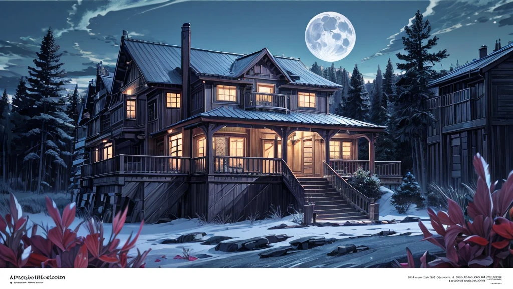 House with porch and porch on hill under full moon, Quiet wooden mansion, realistic fantasy render, Beautiful rendering, beautiful artist rendering, Luxury wooden cottage, House Background, Inspired by Terry Redlin, Unreal Engine ; Romantic Theme, Realistic fantasy illustration, Photorealistic Rendering, Background artwork, Night rendering, 8k high quality detailed art