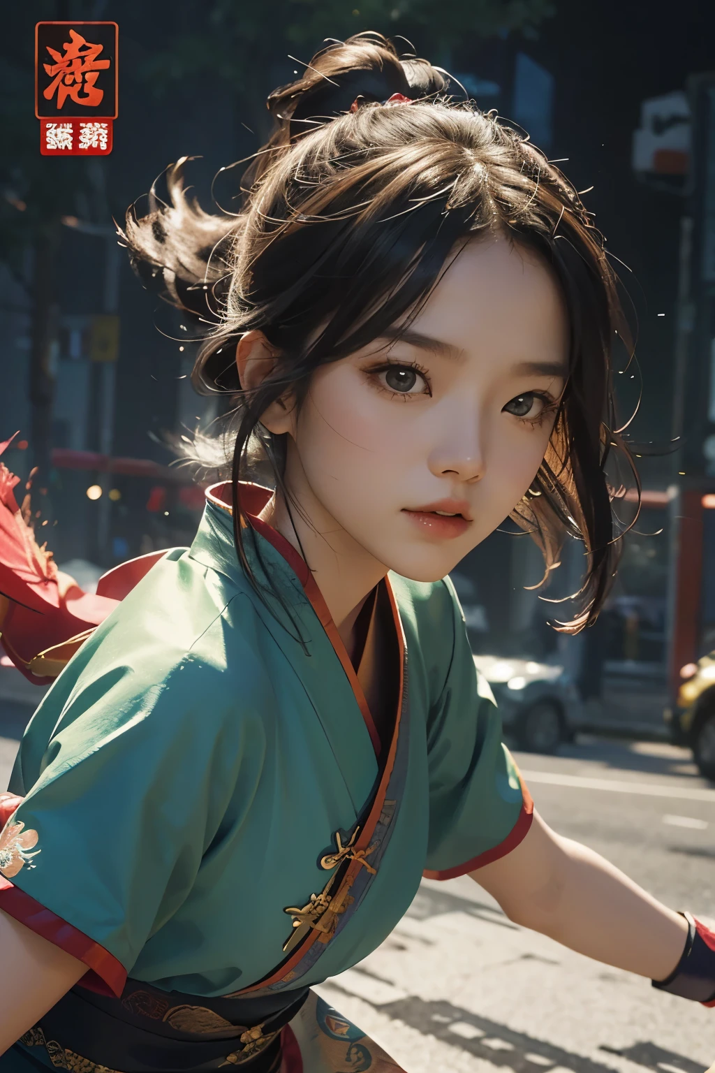 Close-up of poster of a person flying in the sky, Chinese martial arts movie promotional image, movie poster, Animated Poster Movie Still Portrait, Multicolor fit piece,Official Poster, Promotional poster, very - high - budget 영화, The girl is running,