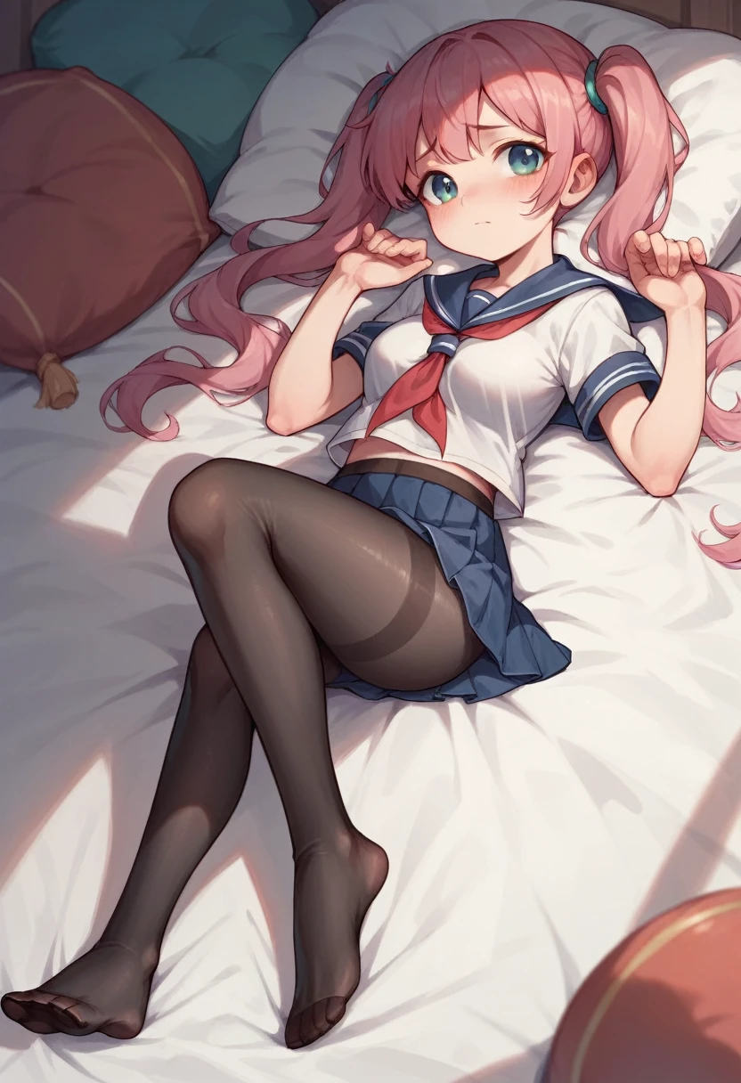 black pantyhose,loli,sailor,miniskirt,cute,lying,,ponk hair,twintails,,shy,medium breasts