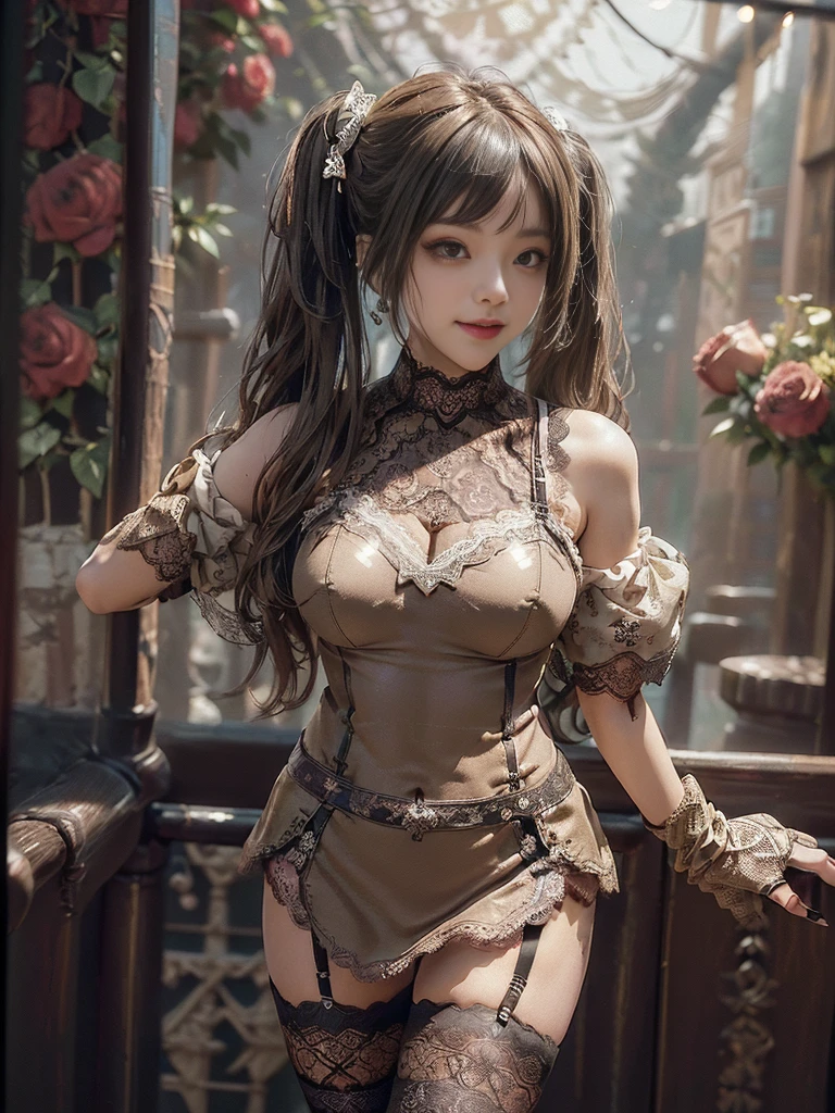 (Full Body View:1.ide view:1.1)、(Sg with teeth showing:1.3),(Shibuya Gal:1.5)、(PLAYBOY gi(Neo-goth style fashion:1.5)、(Idol Costumes:1.4)、(Medieval royal knitted miniskirt nightdress in wine, dark brown and beige with decorations:1.5)、(Black, brown and beige gloves and a Compression shirt:1.5)、(Denim high heels:1.3)、(Wearing silver accessories:1.5)、(Lace collar:1.4)、(Leather garter belt:1.4)、(Brown Skin Belt:1.3)、(Black lace underwear:1.5)、20-year-old、(Doing an aerobics pose:1.3)、((Highest quality、In 8K、masterpiece:1.3))、Sharp focus:1ayered Cut、Huge boobs:1.1),Beautiful wwith perfect figure:1.4、(Dancing vigorously:1.3)、Slender Abs:1.2、Highly dled face and skin texture、Detailed eyes、double eyelid,(Twin tails:1.3)、(Brown-golden hair:1.3)、Gravure idol、(The background is a VIP room of a high-class cabaret club surrounded by roses on a sunny day outdoors.:1.3)、(Slim body:1.2),(Thin thighs,(clavicle:1.1)