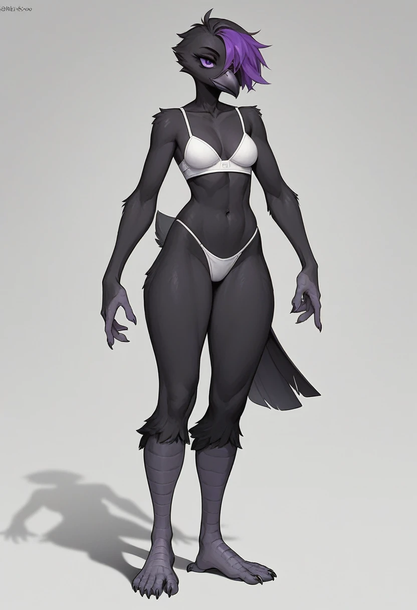 Score_9, score_8_up, score_7_up, flat colors,  an Anthro avian crow girl, female, small grey beak, tall, small crow tail, black body, standing, white background, purple eyes, short black emo hair, purple highlights in hair, hands with five fingers, wearing white bra, white thong, full body shot, barefoot, bird leg texture, 5 toes, toe claws