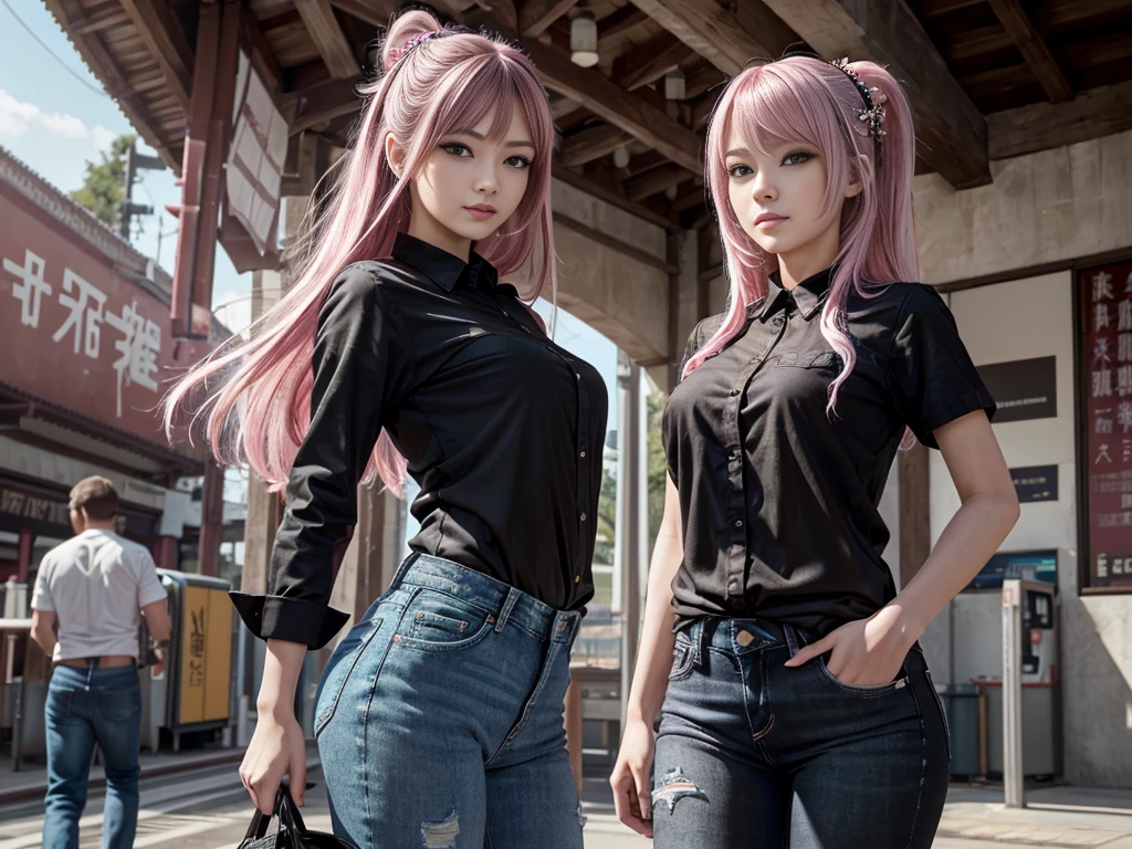 (masterpiece), (Highest quality), (High resolution), detailed, (複雑なdetailed 1.2), (Hyper detailed 1.4), (Gorgeous Digital Art 1.2), Absurd, One girl, Small breasts, teeth, hair ornaments, alone, Pink Hair, (Black Shirt:1.3), jeans, (station:1.2) running, Thighs, Short Stack,