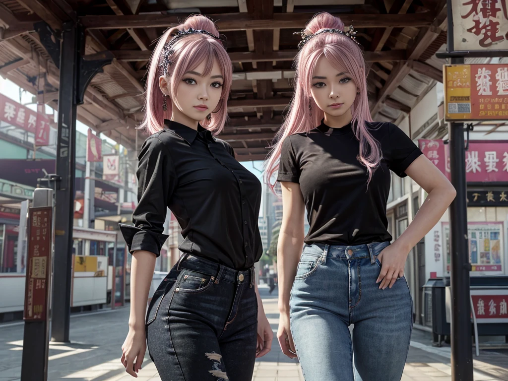 (masterpiece), (Highest quality), (High resolution), detailed, (複雑なdetailed 1.2), (Hyper detailed 1.4), (Gorgeous Digital Art 1.2), Absurd, One girl, Small breasts, teeth, hair ornaments, alone, Pink Hair, (Black Shirt:1.3), jeans, (station:1.2) running, Thighs, Short Stack, 