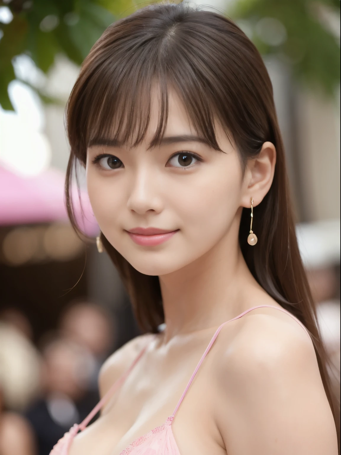 8K、RAW Photos、Photorealistic、Real、Highest quality、masterpiece、Sharp Focus、Real person、Ultra-high resolution、One girl、Japanese、24-years-old、Very beautiful face and body、Detailed eyes and pupils、makeup、Brown Hair、Glossy Lips、Earrings、Mature、sexy、cute、wonderful、smile、Fair and beautiful skin、Beautiful big boobs、Wearing a pink micro bikini、Outdoor、Underarm、light falling on face、Natural light、Staring at the audience