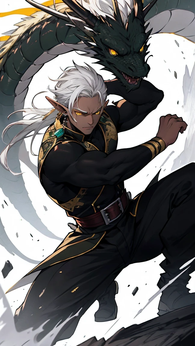 Man, tall, big, strong, black, elf, black, black skin, long hair, yellow eyes, elf, earring, emperor, domineering , Straight white hair, white hair, yellow eyes , black skin , Fighting stance, dragon wing