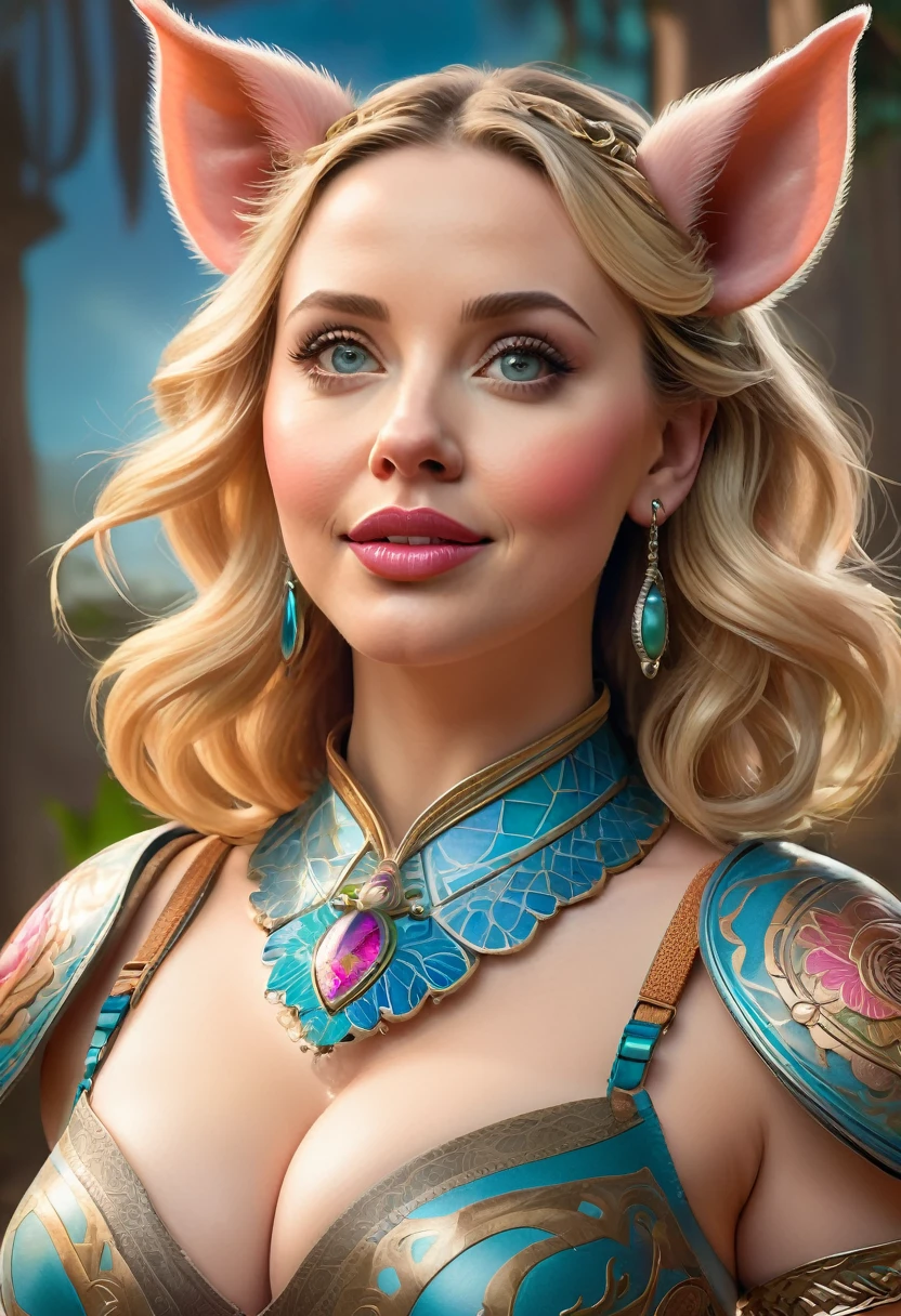 Create an illustrated, hand-drawn, full-color image of an humanoid, hybrid, anthropomorphic, sexy pig woman. The artwork should be rendered in the style of "Breath of the Wild," featuring warm lighting and shadows. Include graphite shading, stencil marks, and airbrushed acrylic paint effects. The image should be of the highest quality, a masterpiece with intricate details. pig nose, pig ears. The pig woman should have a female, humanoid, appearance. She should have luscious lips, a wide smile, and bright, expressive eyes, exuding beauty, cuteness, and adorableness. Ensure the image is high resolution and sharply detailed, with a detailed and vibrant background. Scarlett Johanson, Alison Brie, Dove Cameron Incorporate mystical lighting in the background, creating a romantic and enchanting atmosphere.