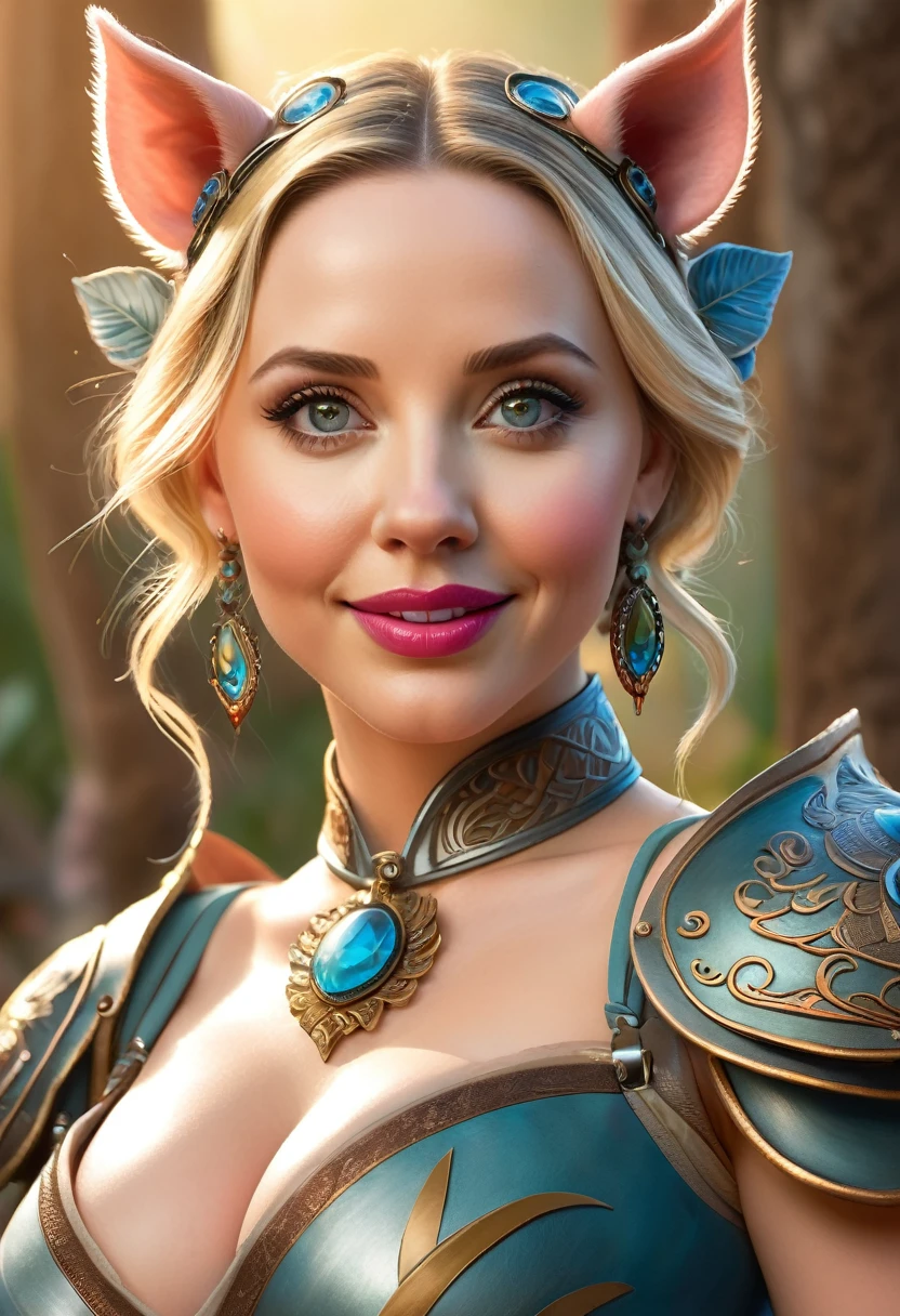 Create an illustrated, hand-drawn, full-color image of an humanoid, hybrid, anthropomorphic, sexy pig woman. The artwork should be rendered in the style of "Breath of the Wild," featuring warm lighting and shadows. Include graphite shading, stencil marks, and airbrushed acrylic paint effects. The image should be of the highest quality, a masterpiece with intricate details. pig nose, pig ears. The pig woman should have a female, humanoid, appearance. She should have luscious lips, a wide smile, and bright, expressive eyes, exuding beauty, cuteness, and adorableness. Ensure the image is high resolution and sharply detailed, with a detailed and vibrant background. Scarlett Johanson, Alison Brie, Dove Cameron Incorporate mystical lighting in the background, creating a romantic and enchanting atmosphere.