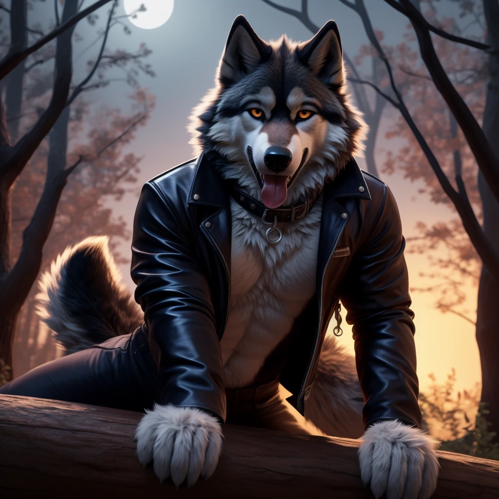 Sexy Posing, lying on top of log, Male, 30 years old, cute, eye liner, bedroom eye, mouth open with tongue hanging out, black leather jacket, anthro, wolf ears, (black fur:1.5), wolf, forest background, 8k, hi res, (best quality, masterpiece), (wolf tail:1.5), detailed fur, solo, looking at camera, night, leashing and collar,