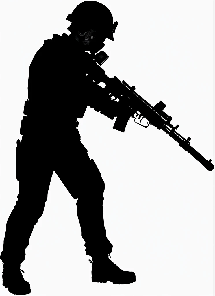 Silhouette of a soldier with a gun, 人物contour, 详细contour, Black silhouette, White background上孤立, White background, Full body close-up, Soldier with gas mask, Single silhouette, High-quality images, 人的contour, Logo without text, 人体contour, 一个男人的contour, contour, HD illustrations