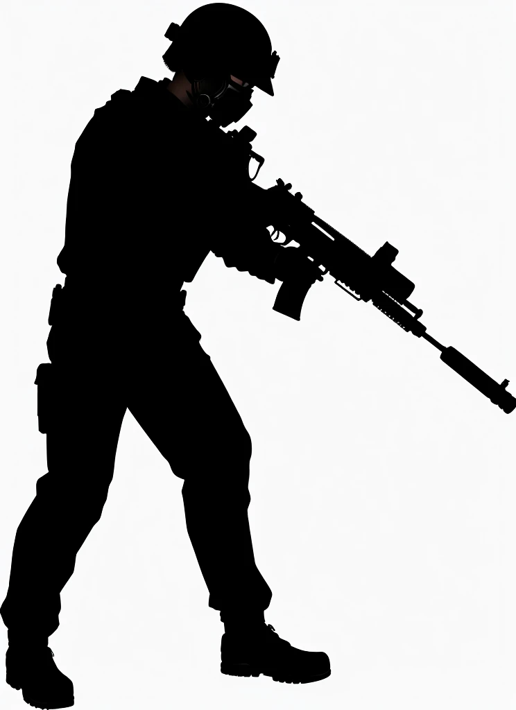 Silhouette of a soldier with a gun, 人物contour, 详细contour, Black silhouette, White background上孤立, White background, Full body close-up, Soldier with gas mask, Single silhouette, High-quality images, 人的contour, Logo without text, 人体contour, 一个男人的contour, contour, HD illustrations