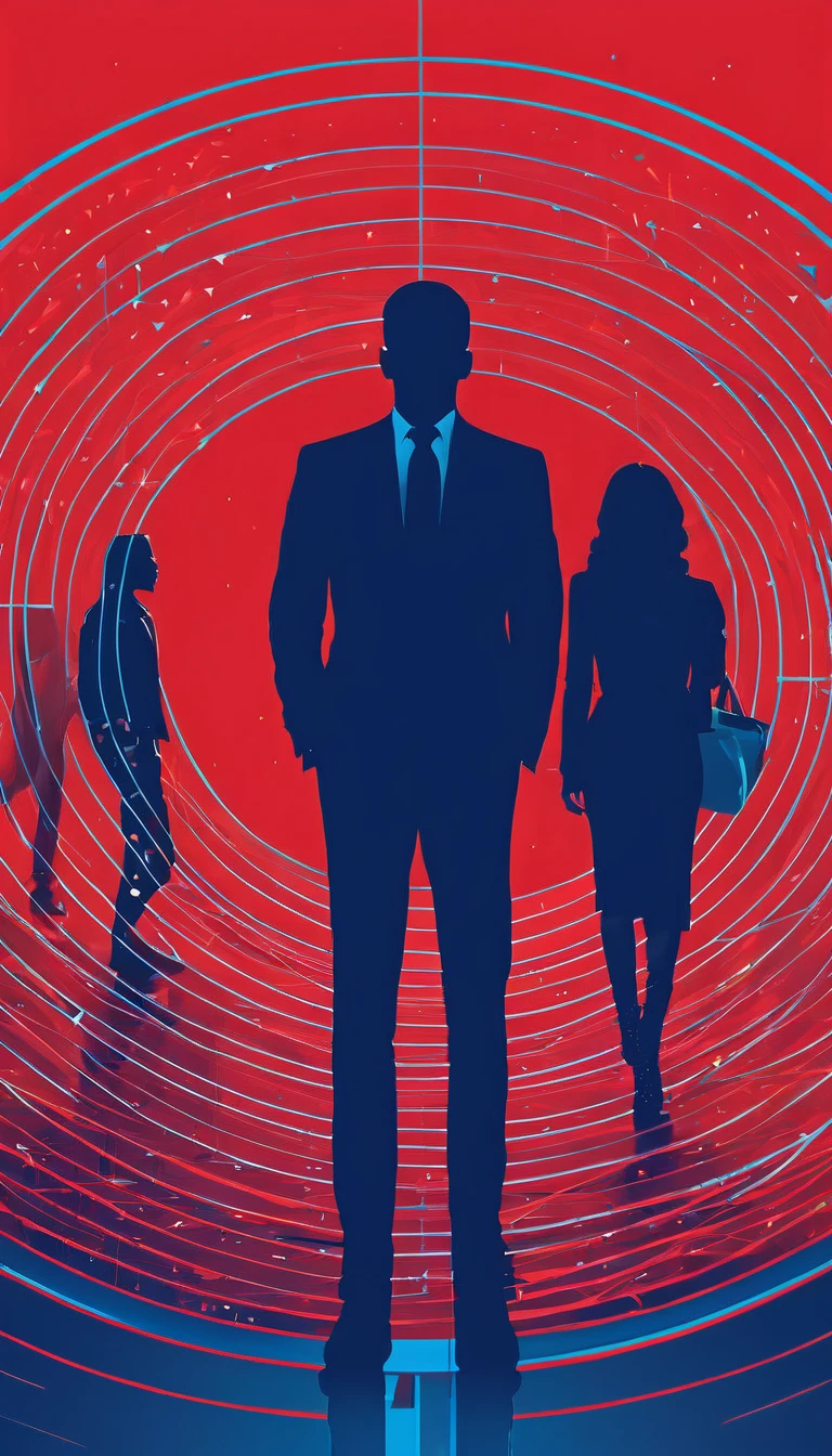 Red background，Blue circle，geometry，Vector Art，1/4 People Silhouette