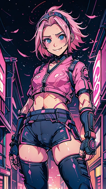 (8k),(masterpiece),(Japanese),(),((innocent look)),((Childish)),Fromfront,smile,cute,Innocent,Kind eyes,Flat chest,Hairless vagina, Cameltoe, Haakura,semi-short,Hair blowing in the wind,Light Pink Hair,Strong wind,night,dark, Neon light cyberpunk Konoha Village