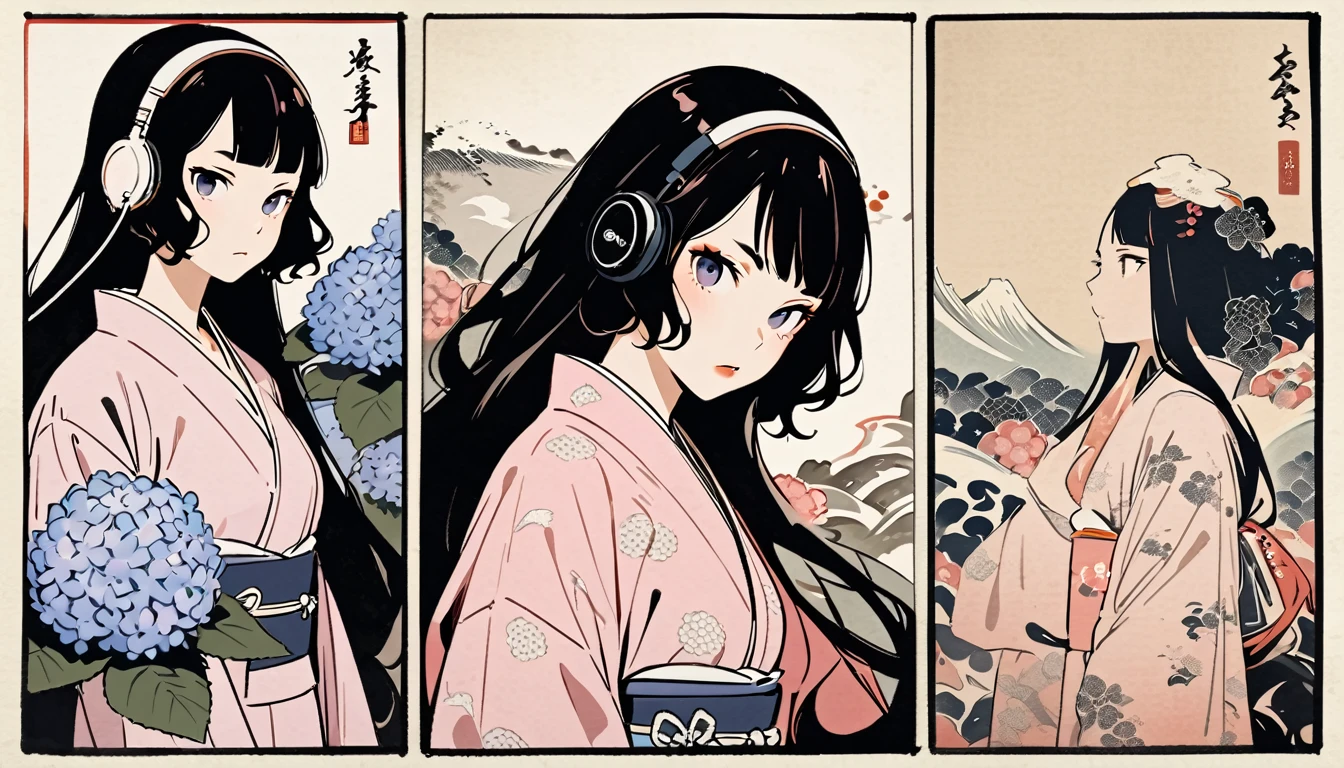 Highest quality, Katsushika Hokusai, Ink Painting, (((very straight longhair))), (((hydrangea))), (((Pale pink yukata))), headphone, beautiful girl, Black Hair, Delicate and precise, Modern ukiyo-e style, sulk