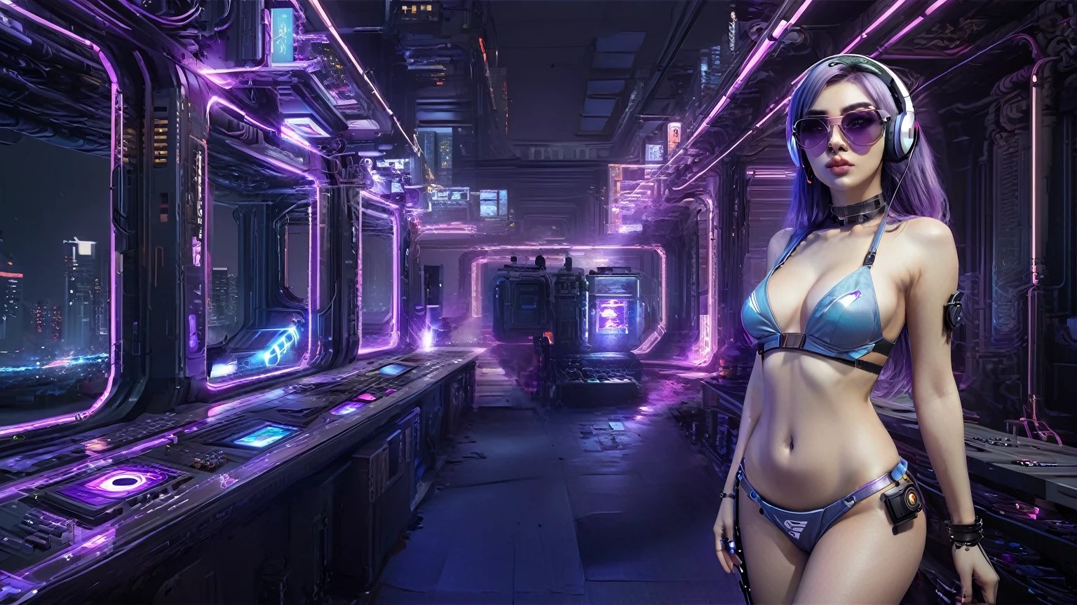 masterpiece, best quality, high resolution, 8k, (Portrait Photos:1.5), (R Original Photo), real picture, Digital Photography, (A fusion of cyberpunk and fantasy), 20 year old girl, solo, (((black sunglasses, headphone))), Feel free to hairstyle, Purple Eyes, By Bangs, (large breasts, cleavage, Accessories, Elegant and charming, Combination of cyberpunk and fantasy style clothing, Hollow carving design, Photo poses, Realistic style, (((((((pistol shooting pose))))))), oc render reflection texture, sentry, (((((Cyberpunk style future city, Moai shape buildings))))), night, Bustling streets, (((((half-body (thigh level) medium shot))))).