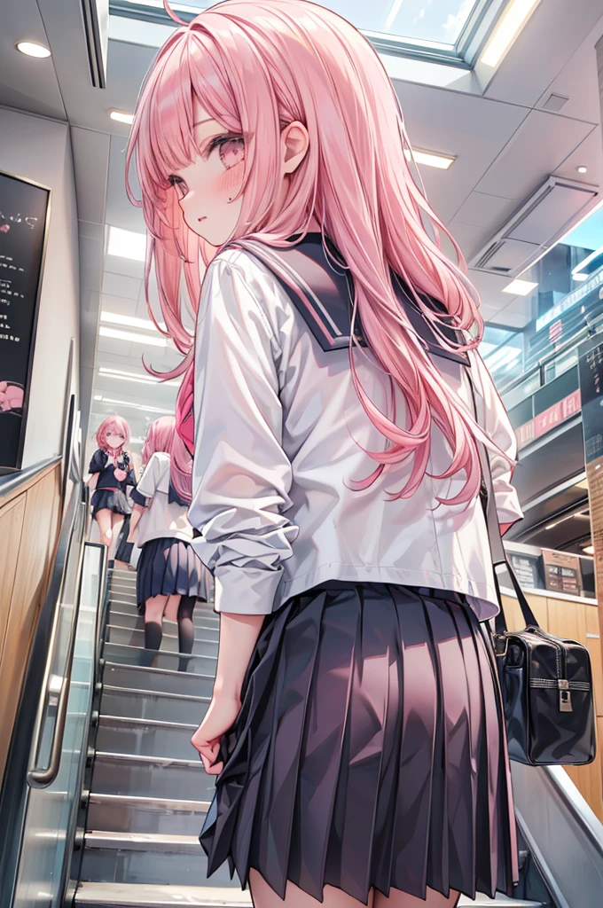 masterpiece, best quality,
view from behind, view from below, 
1girl, ((school uniform, serafuku,skirt)), pink hair, embarrassed face, 
hold the skirt with your hands, escalator,