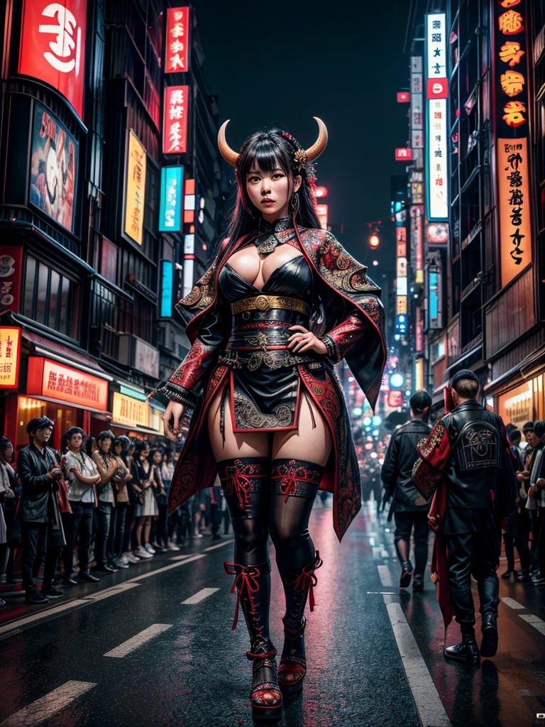 (masterpiece, cinematic photograph capturing the bustling streets of Shibuya, Japan, adorned with a procession of "oni" - traditional Japanese demons, parading through the night under the gaze of the intrigued crowd:1.3), (meticulously composed to convey the dynamic energy of the scene and the mystique of the "oni" creatures:1.2), (the intricate details of the "oni" costumes and the expressions of the people in the crowd adding depth to the visual narrative:1.1), (meticulous attention given to the neon-lit surroundings and the vivid contrast between the "oni" and the modern cityscape:1.1), (the chosen camera, a Canon EOS 5D Mark IV, renowned for its low-light performance, effectively capturing the vibrant atmosphere of the scene:1.1), (paired with a Canon EF 24-70mm f/2.8L II USM lens, allowing for versatility and sharpness in the wide-angle composition:1.1), (a portrayal that evokes a sense of enchantment and cultural fusion in the heart of a bustling city:1.1), (an image that invites viewers to immerse themselves in the urban fantasy and explore the intersection of tradition and modernity:1.1), (an artwork that encapsulates the vibrant nightlife of Shibuya and the captivating allure of the "oni" parade:1.1), (an invitation to witness a unique blend of myth and reality, captured in a cinematic frame:1.1), (a photographic journey that transports the audience to the lively streets of Tokyo's most iconic district:1.1)), Cinematic, Hyper-detailed, insane details, Beautifully color graded, Unreal Engine, DOF, Super-Resolution, Megapixel, Cinematic Lightning, Anti-Aliasing, FKAA, TXAA, RTX, SSAO, Post Processing, Post Production, Tone Mapping, CGI, VFX, SFX, Insanely detailed and intricate, Hyper maximalist, Hyper realistic, Volumetric, Photorealistic, ultra photoreal, ultra-detailed, intricate details, Super detailed, Full color, Volumetric lightning, HDR, Realistic, Unreal Engine, 16K, Sharp focus, Octane render