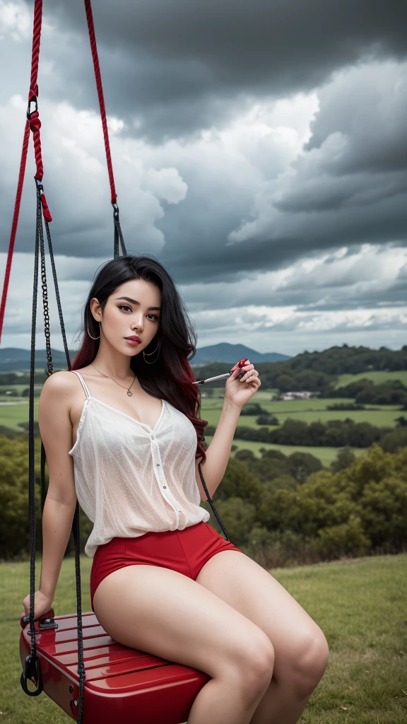Black hair girl with red locks, smoking sitting on a swing on a cloudy day
