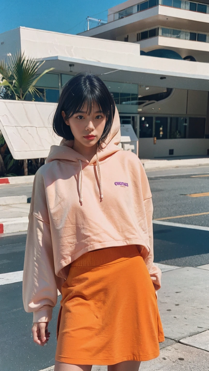 portrait of a serious 23 yo girl, plum body ,wear ((orange color oversized hoodie)), wear ((purple tennis skirt)),looking front,Best Quality,Masterpiece,Ultra High Resolution,(Realisticity:1.4),Original Photo, 1Girl, light leak,ultra high resolution,UHD,beautiful, (black bob hair), almond eye, no makeup, in front of (80's mondrian architecture motel), (realistic:1.2), (surreal:1.3), (very detailed:1.1), ((masterpiece)),summer, blue sky, palm trees,sunny, los angles vibes,film camera, 800mm lens,style of Philip Lorca diCorcia