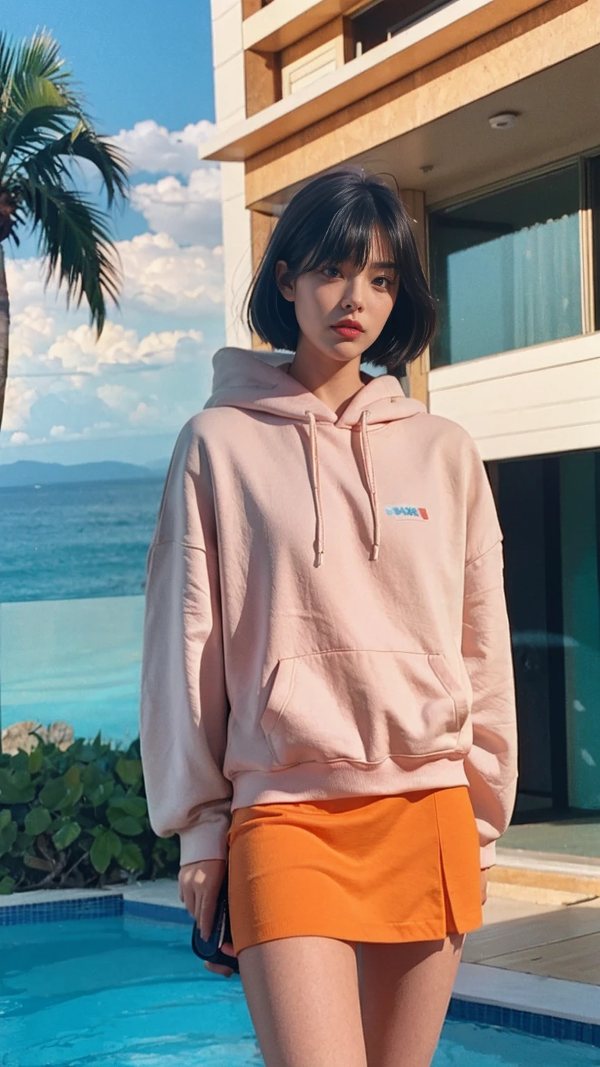 portrait of a serious 23 yo girl, plum body ,wear ((orange color oversized hoodie)), wear ((purple tennis skirt)),looking front,Best Quality,Masterpiece,Ultra High Resolution,(Realisticity:1.4),Original Photo, 1Girl, light ????,ultra high resolution,UHD,beautiful, (black bob hair), almond eye, no makeup, in front of (80's mondrian architecture motel), (realistic:1.2), (surreal:1.3), (very detailed:1.1), ((masterpiece)),summer, blue sky, palm trees,sunny, los angles vibes,film camera, 800mm lens,style of Philip Lorca diCorcia