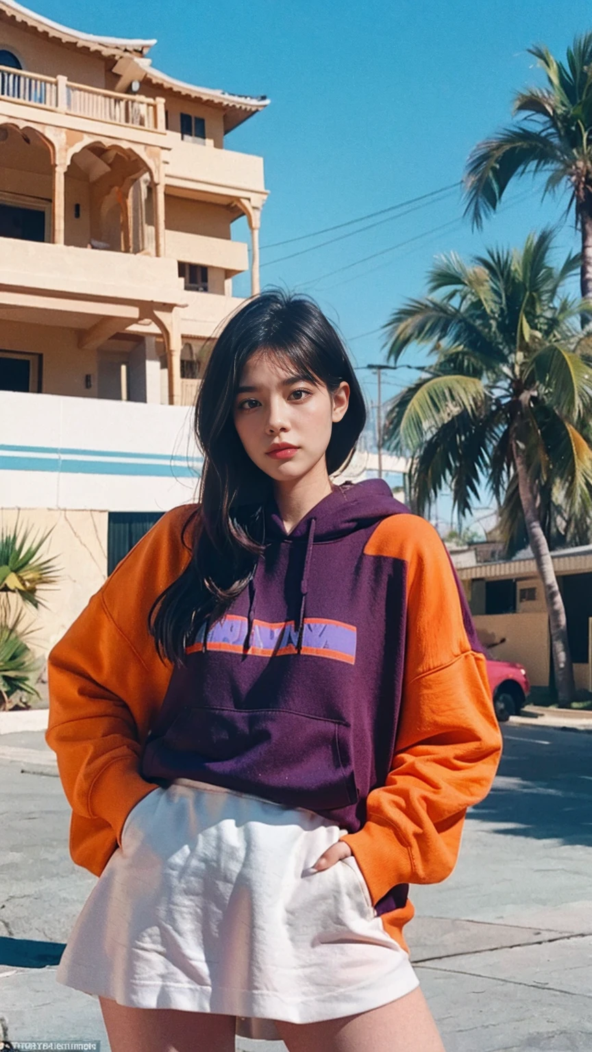 portrait of a serious 23 yo girl, plum body ,wear ((orange color oversized hoodie)), wear ((purple tennis skirt)),looking front,Best Quality,Masterpiece,Ultra High Resolution,(Realisticity:1.4),Original Photo, 1Girl, light leak,ultra high resolution,UHD,beautiful, (black bob hair), almond eye, no makeup, in front of (80's mondrian architecture motel), (realistic:1.2), (surreal:1.3), (very detailed:1.1), ((masterpiece)),summer, blue sky, palm trees,sunny, los angles vibes,film camera, 800mm lens,style of Philip Lorca diCorcia