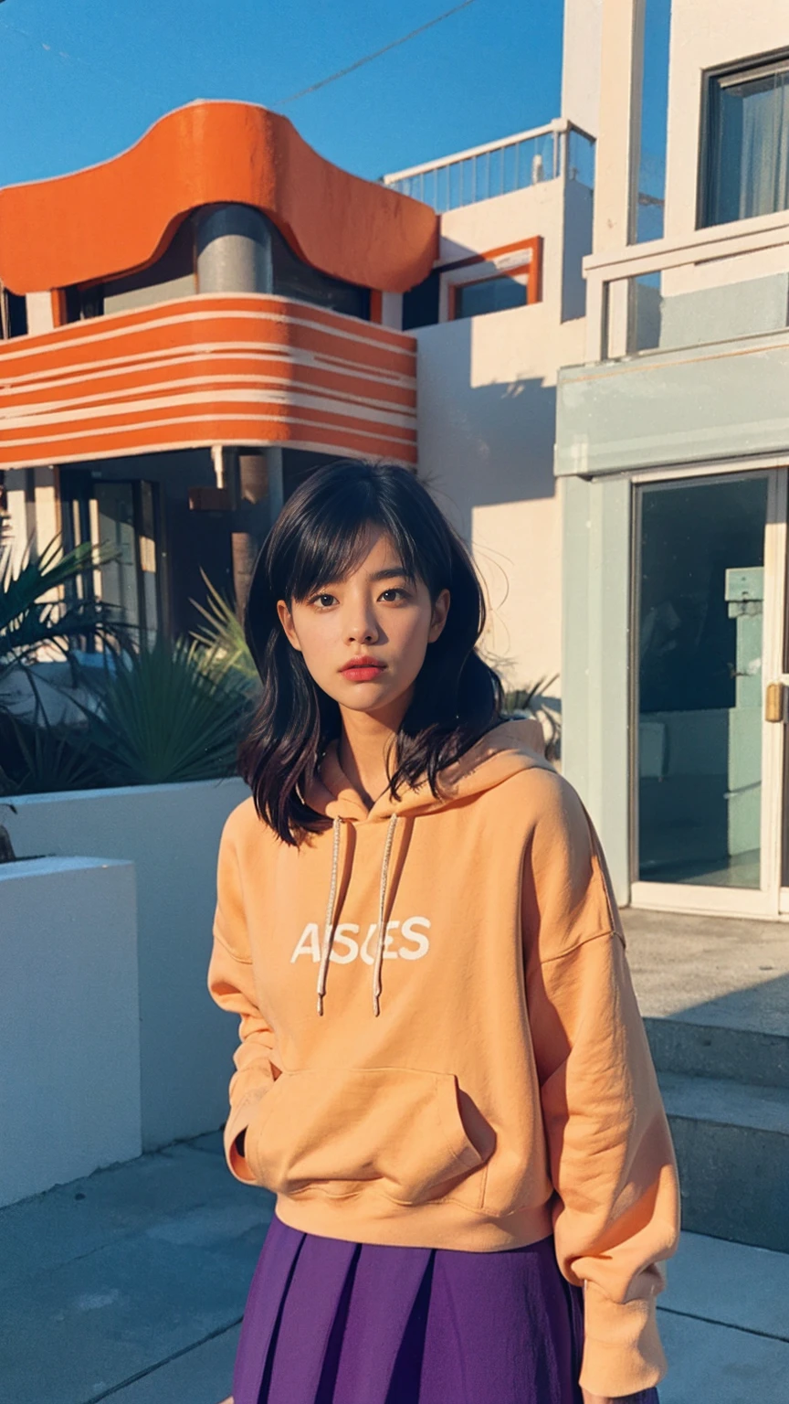 portrait of a serious 23 yo girl, plum body ,wear ((orange color oversized hoodie)), wear ((purple tennis skirt)),looking front,Best Quality,Masterpiece,Ultra High Resolution,(Realisticity:1.4),Original Photo, 1Girl, light ????,ultra high resolution,UHD,beautiful, (black bob hair), almond eye, no makeup, in front of (80's mondrian architecture motel), (realistic:1.2), (surreal:1.3), (very detailed:1.1), ((masterpiece)),summer, blue sky, palm trees,sunny, los angles vibes,film camera, 800mm lens,style of Philip Lorca diCorcia