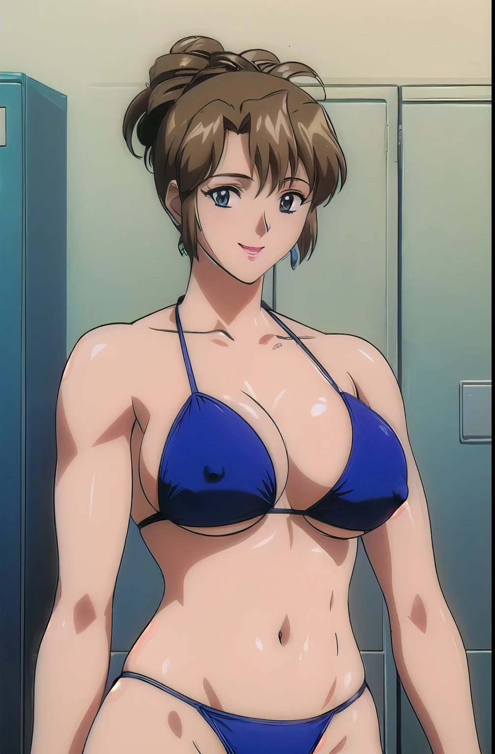 masterpiece, best quality, looking at viewer, (upper body:1.7), medium height, ultra detailed, (little biceps:1.25), (black hair), (smile:1.5), folded ponytail, locker room, bright image, (blue bikini:1.5), hot colors, closed fists, lip stick, smile, very big breasts with perky nipples, big cleavage, white skin, lights, high brightness, wide hips, groin line, white skin, (long belly:1.3)