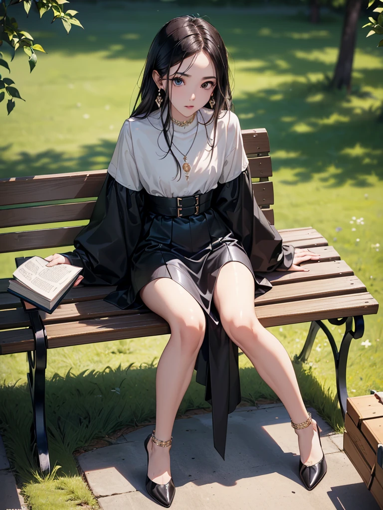 ((Biologically correct limb count))、((Full Body Shot, Full-body photo including face、Head to toe photos))、4K、masterpiece、((Focus on the face))、((Symmetrical facial features))、Eyes of meticulous depiction、One beautiful woman、Excellent style、((Shiny black stockings、Shiny flared skirt、white leather jacket、High heels with anklets))、Detailed Description、Small earrings、necklace、((In the early morning park, he is sitting on a bench with a book in his hands and looking up))、Close-up photo of the whole body、Panty shot、Focus on the face、Low angle photo
