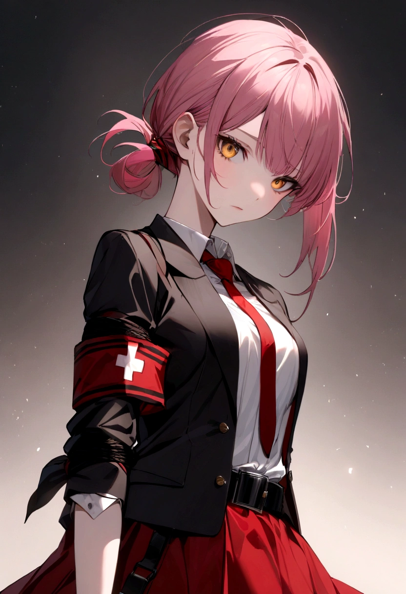 Pink hair girl, short hair, hair tied up on one side ,with red cross ornament where hair is tied up, wearing white shirt and black blazer and red skirt and red tie, with red armband,black belt, dark yellow eyes