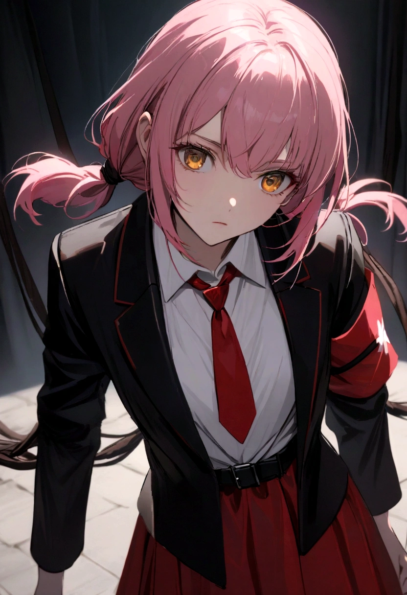 Pink hair girl, short hair, hair tied up on one side ,with red cross ornament where hair is tied up, wearing white shirt and black blazer and red skirt and red tie, with red armband,black belt, dark yellow eyes