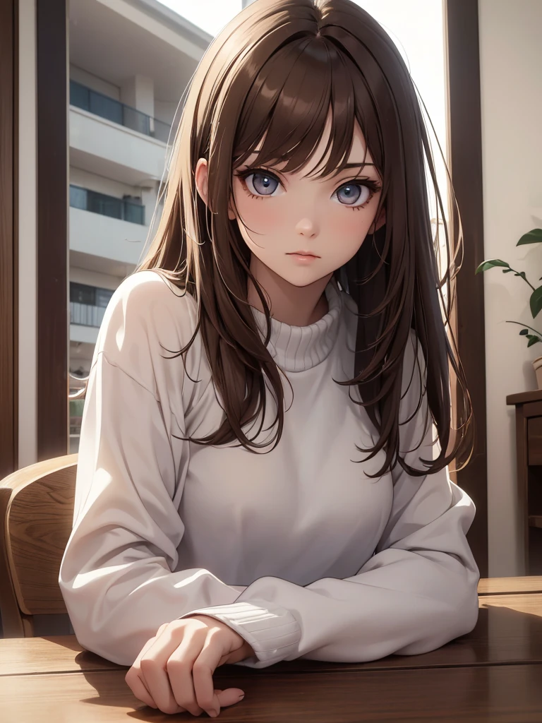 (8K, Best Quality, Masterpiece, Ultra High Resolution) 1 Girl, Beautiful Eyes, Face Details, Light Brunette Hair, Brown Eyes, Pale Skin, Casual Clothing, Sitting at Table, Inside Apartment, Best Quality, Upper Body, Looking at the Viewer, Facing Viewer, Close Up
