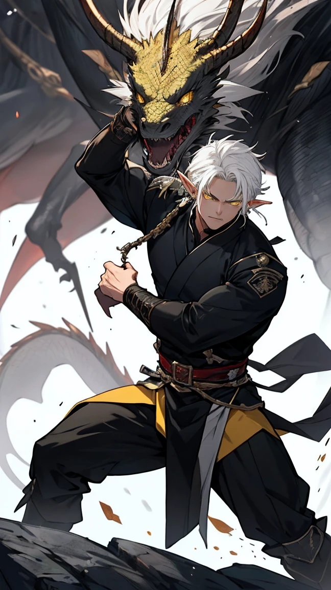  Man, tall, big, strong, black, elf, black, black skin, long hair, yellow eyes, elf, earring, emperor, domineering , Straight white hair, white hair, yellow eyes , black skin , Fighting stance, dragon wing , Detailed eyes 