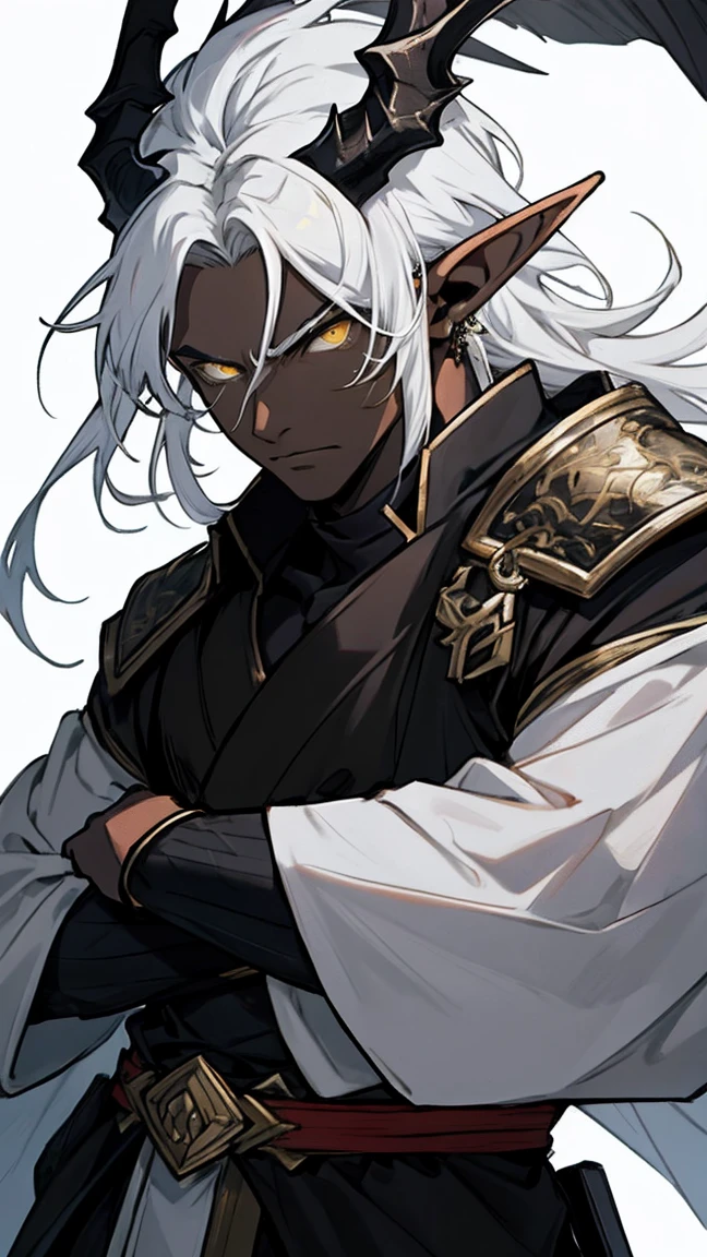  Man, tall, big, strong, black, elf, black, black skin, long hair, yellow eyes, elf, earring, emperor, domineering , Straight white hair, white hair, yellow eyes , black skin , Fighting stance, dragon wing , Detailed eyes 