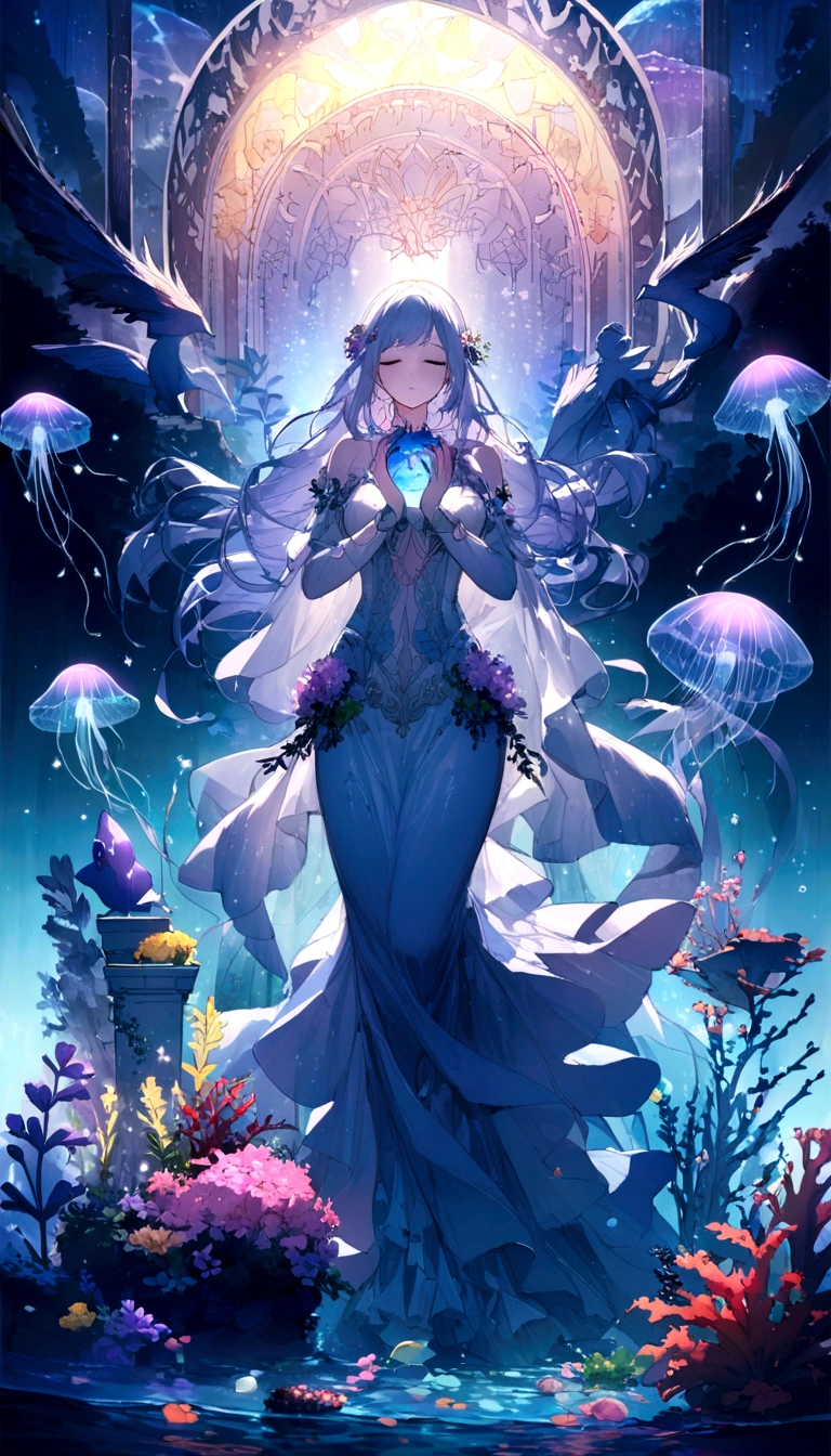 oil,Ocean,carefully,magic,Mysterious,(Ocean藻に抱かれた古代都市遺跡),Aquatic plants beautiful coral reef,Colorful fish swimming,Clear visibility,Ethereal atmosphere,Marble mermaid statue、Whispering Shell、Luminous jellyfish、Ancient symbols and words、惊人的美丽和古老的magic,Uncover the mysteries of the underwater world