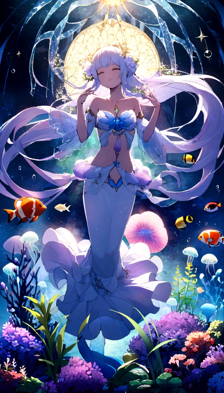oil,Ocean,carefully,magic,Mysterious,(Ocean藻に抱かれた古代都市遺跡),Aquatic plants beautiful coral reef,Colorful fish swimming,Clear visibility,Ethereal atmosphere,Marble mermaid statue、Whispering Shell、Luminous jellyfish、Ancient symbols and words、惊人的美丽和古老的magic,Uncover the mysteries of the underwater world