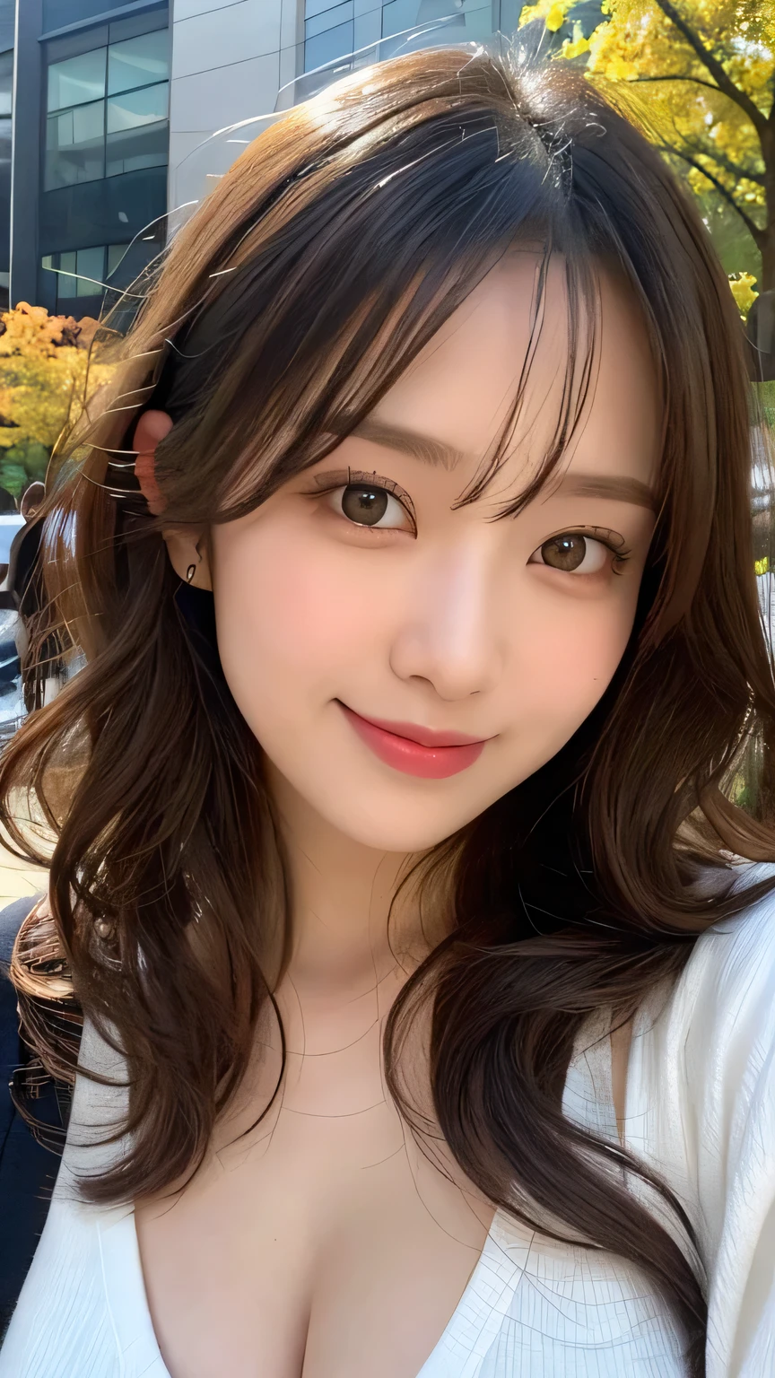 Tabletop, Highest quality, figure, Super detailed, In detail, High resolution, 8k wallpaper, Perfect dynamic composition, Beautiful attention to detail, Autumn fashion for women,Wavy Hair,Huge boobs、Natural color lip, Bold sexy pose,smile,Harajuku、20-year-old girl、cute、sexy shot looking at camera、Close-up of face