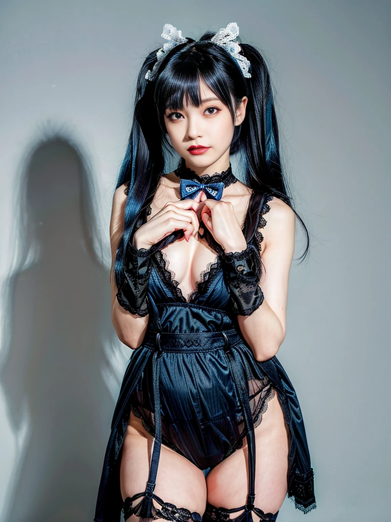 (8K, Raw photo, Best Quality, masutepiece:1.2), high-definition RAW color photography, professional photograpy, (Realistic, photographrealistic:1.37), ((Best Quality)), various attractive posing, full body shot;1.2. ung girl, asymmetrical legwear, (black bow:1.2), black ribbon, (blue hair:1.5), bow, breasts, gloves,(hair bow:1.3), (very long hair:1.2), simple background, standing, striped bow, thighhighs, white background, white gloves, (lace legwear:1.2), Delicate hands, detailed fingers, five fingers, (one hand pinching the waist:1.3), (twintails:1.3), realhands, nsfw