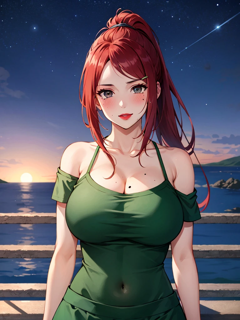 Uzumaki_kushina,huge breasts, beautiful face:1.3,butt hole,navel, cleavage ,bellybutton,off the shoulder:1.9,body facing front,full body shot,standing straight, short greenskirt,black t-shirt:off shoulder,green shirt ,loose dress, mole on chest,red lipstick, mole on lip,ponytail,long hair,night sky, looking at view, heavy breasts,