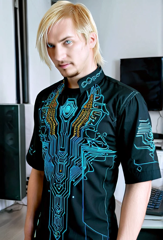 Matrix cyberpunk shirt blond man futuristic embroidery on a men's shirt, cyberpunk cyberpunk patterns are embroidered near the neck, sleeves without patterns, only a computer circuit is embroidered near the neck i