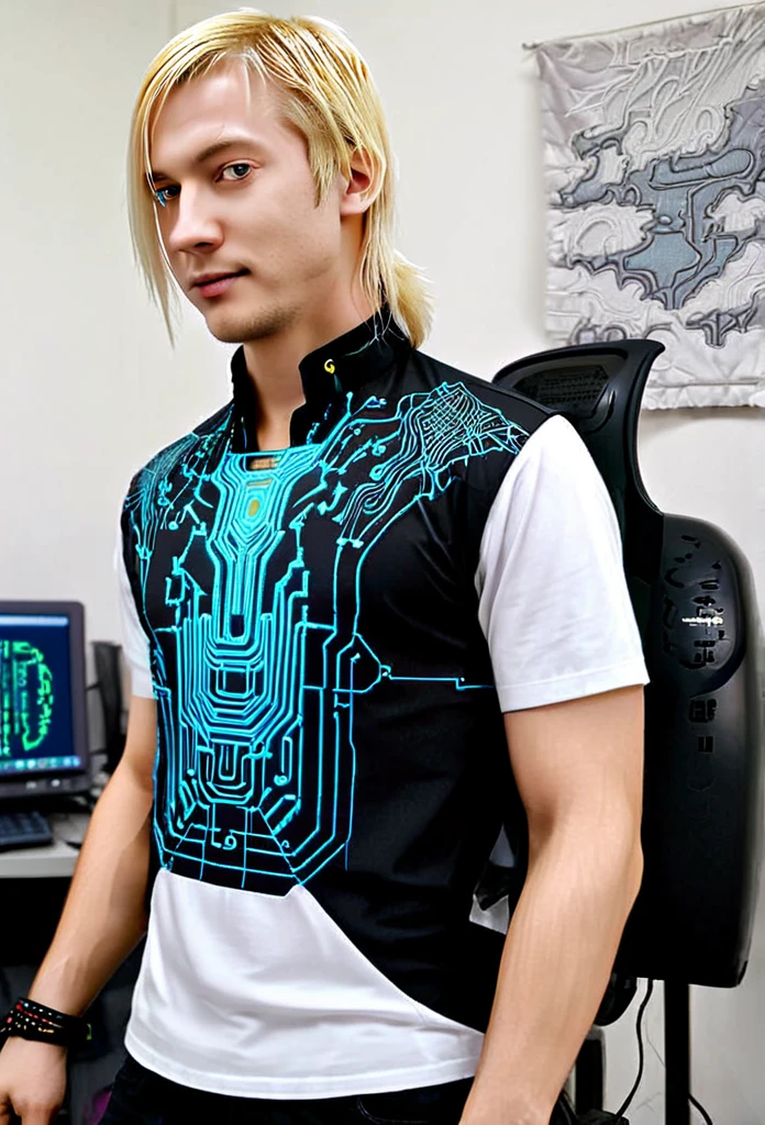 Matrix cyberpunk shirt blond man futuristic embroidery on a men's shirt, cyberpunk cyberpunk patterns are embroidered near the neck, sleeves without patterns, only a computer circuit is embroidered near the neck i